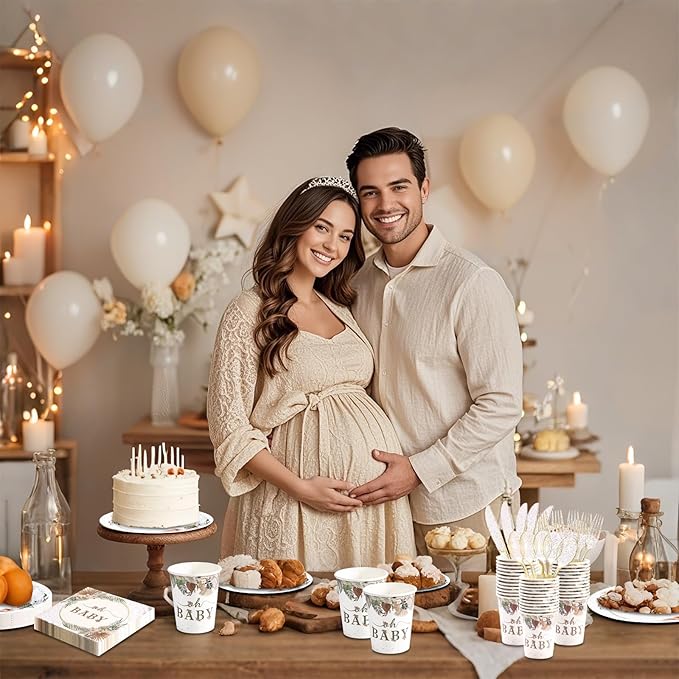 140 Pcs Boho Baby Shower Decorations for Girl, Baby Shower Plates and Cups and Napkins Sets, Oh Baby Plates for Western Sweet Baby Girl, Summer Fall Neutral, Serves 20