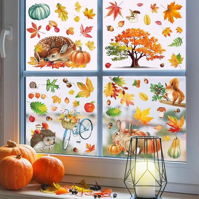 Fall Window Clings 9 Sheets Large-Size Window Clings for Glass Windo Decoration Autumn Leaves Animals Woodland Home Bedroom Nursery Room Windo Decals