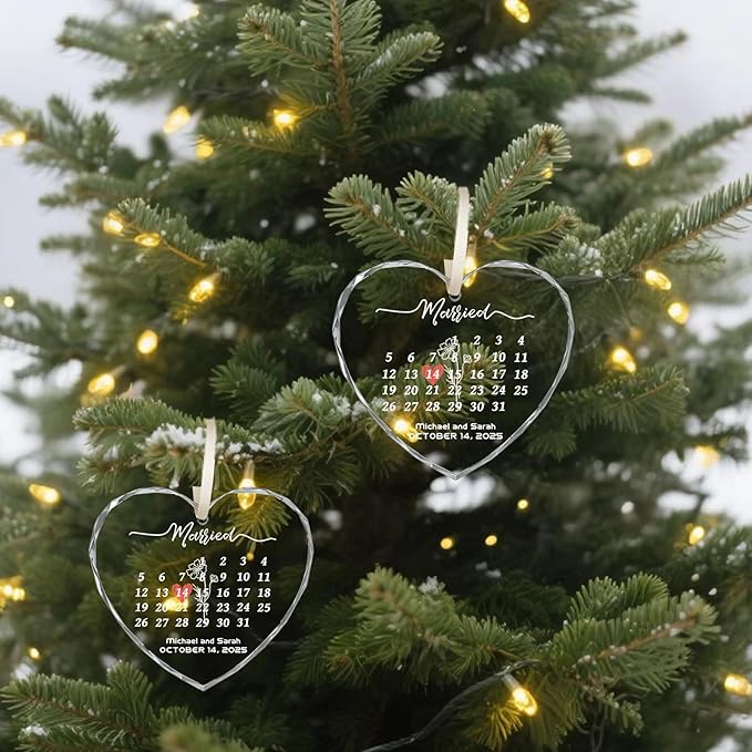 First Christmas Married Ornament 2025, Custom Wedding Crystal Glass Ornament with Photo, Name or Date, Personalized Wedding or Bridal Shower Gifts for Newlyweds