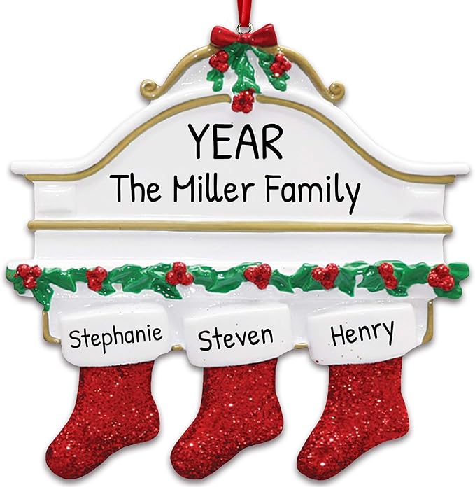 3D White Mantle Family of 3 Christmas Ornament 2025 Personalized Family Christmas Ornaments 2025 | Garland Fireplace Personalized Tree Ornaments Customizable Gifts Red Stockings of Three Ornament