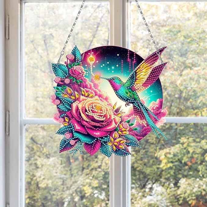 Flowers Hummingbird Diamond Art Kits,5D Diamond Hanging Ornament Kits,DIY Special Shaped Diamond Dot Kits,Home Porch Crystal Hanging Pendant Ornament (Colorful1)