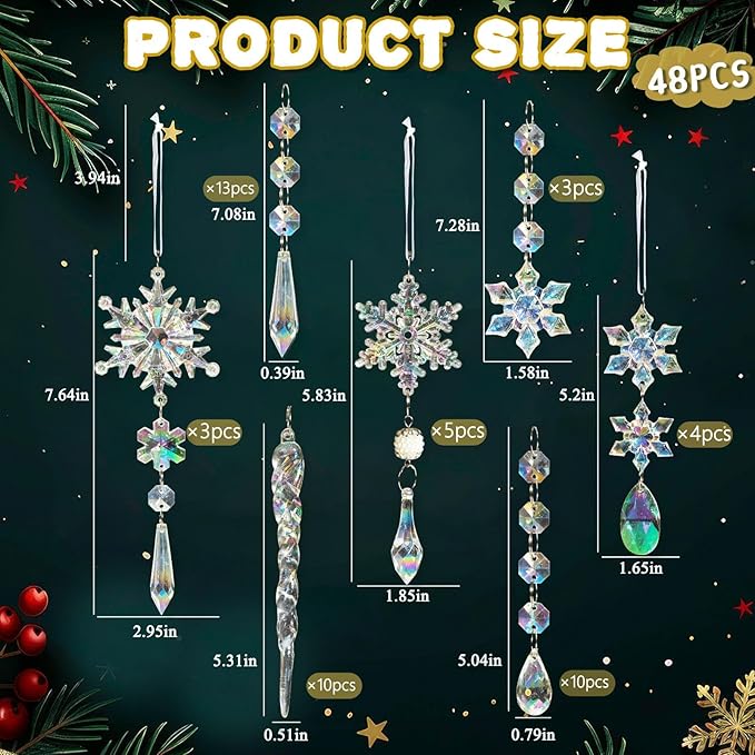 48pcs Christmas Crystal Ornaments for Tree - Iridescent Christmas Tree Ornaments Acrylic Snowflakes Drop Icicle Pendants Hanging Ornaments for Xmas Trees Winter Holiday Frozen Party Decorations