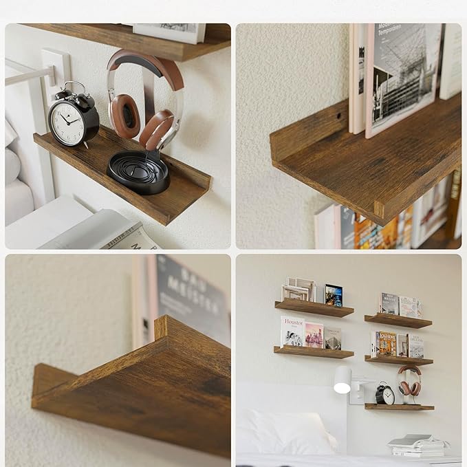 RICHER HOUSE 8 Set Floating Wall Mounted Shelves, Nursery Hanging Book Shelves with Lip for Storage, Display Picture Ledge Shelf for Bedroom Bathroom Kitchen Living Room Wall Decor, Rustic Brown