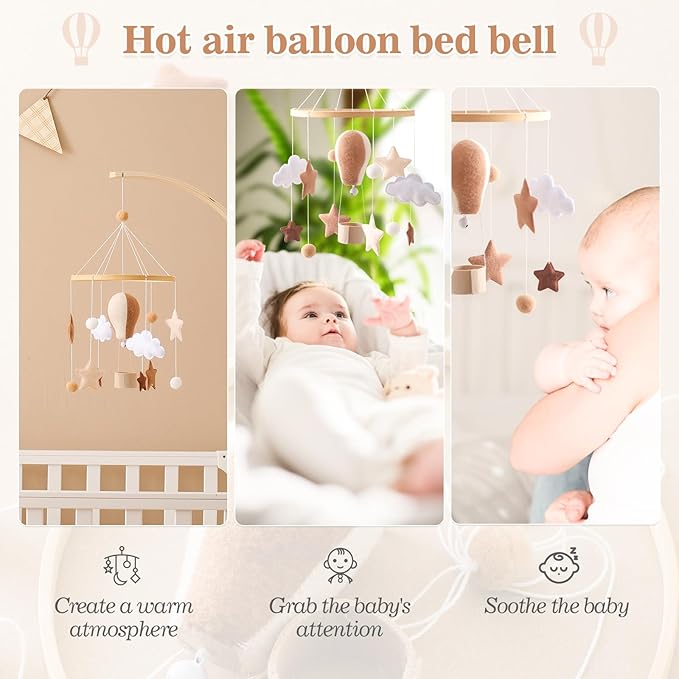 Baby Mobile for Crib, Baby Crib Mobile for Boys Girls, Baby Mobile for Bassinet, Boho Nursery Mobile, Nursery Decor Theme for Infant Bedroom Hanging, Gender Neutral Baby Gift (Hot Air Balloon)