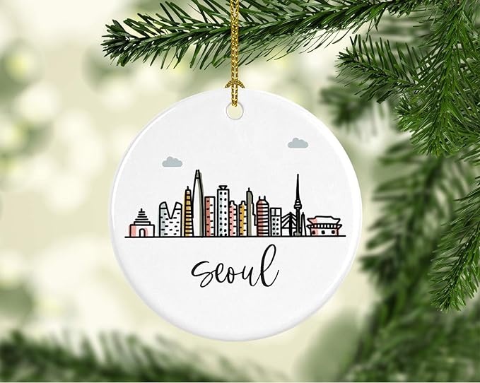 Andaz Press Round Ceramic Porcelain Christmas Tree Ornament Keepsake Gift, Seoul, Colorful International City Skyline Graphic, 1-Pack, Birthday Ideas Family Coworker Him Her, Gift Box