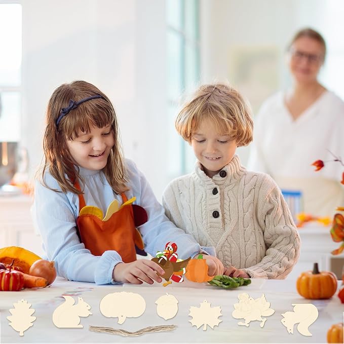 24 PCS Unfinished Wooden Thanksgiving Crafts, Pumpkin Turkey Shaped Hanging Ornaments DIY Wood Craft Cutouts for Thanksgiving Party Decor (Thankgiving)