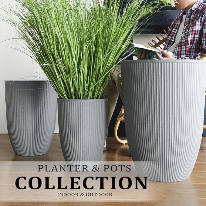 2 Pcs Pack 15 Inches Heavy Duty Plastic Resin Tall Tapered Planter Pots Large Round Planter Flower Pot with Drainage Holes for Indoor Outdoor Deck Porch Garden Home Patio Front Door (Light grey, S)