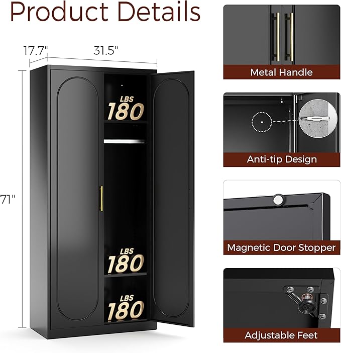 Metal Armoire Wardrobe Closet with 2 Doors, 71" Black Wardrobe Cabinet with Hanging Rod and Adjustable Shelves, Tall Clothing Storage Cabinets for Bedroom, Laundry Room, Home Office