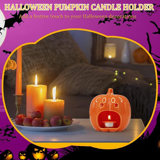 Halloween Pumpkin Candle Holder, Ceramic Candle Stick Holder with Star Hole, Orange Candle Holders for Candlesticks, Halloween Decor Gift for Daughter, Mother, Girlfriend & Kids