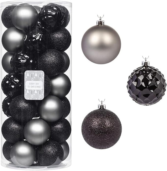 Every Day is Christmas Ornaments, Shatterproof Christmas Tree Ornament Set, Christmas Balls Decoration 35 Count (2.75"/70mm, Black Grey)