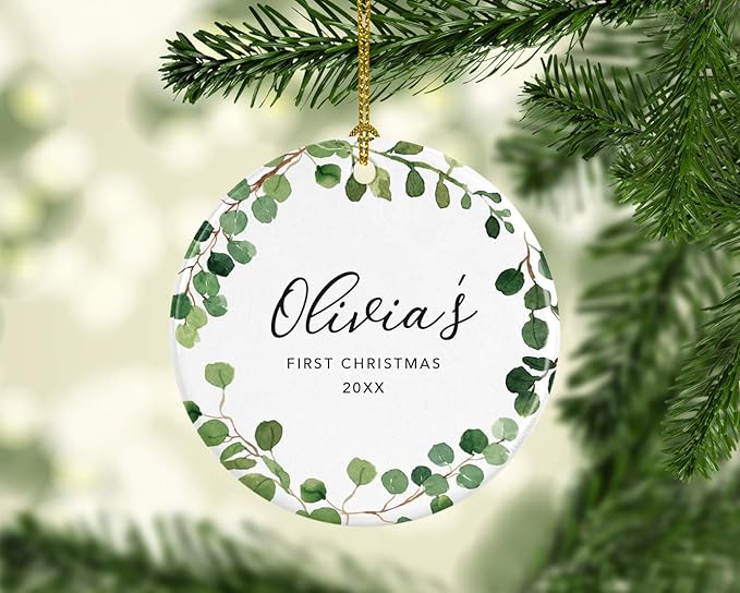 Andaz Press Personalized Round Ceramic Porcelain Christmas Tree Ornament Keepsake Collectible New Baby Gift, Olivia's First Christmas 2025, Farmhouse Eucalyptus Wreath, 1-Packs