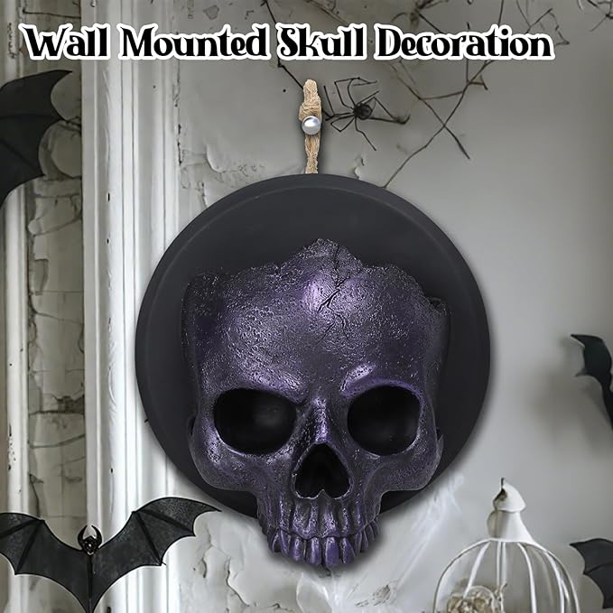 Halloween Skull Decorations, Gothic Skeleton Head Hanging Wall Decor, Resin Creepy Skull Led Lights for Indoor Halloween Party Home Decorations
