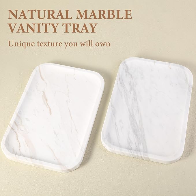 Marble Vanity Tray, Marble Bathroom Tray Countertop, Decorative Trays for Dresser Organizer, White Stone Storage Serving Trays for Kitchen, Perfume, Jewelry Cathall Holder