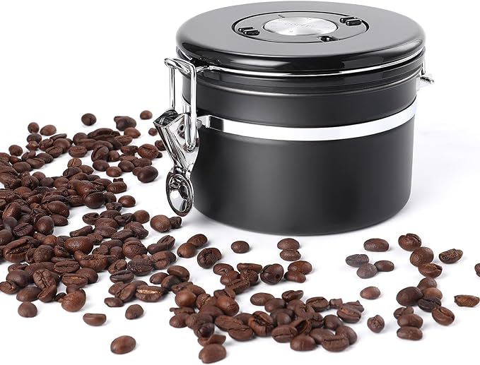 malmo Coffee Canister, Airtight Coffee Container with Date Tracker Lid, Stainless Steel Canister for Kitchen Food Storage (Black, 9oz)