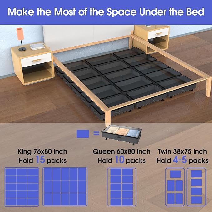 Under Bed Storage with Wheels, 2 Pack Under Bed Storage Containers with Transparent Lid, 50L Large Capacity Underbed Storage Containers, Underbed Storage Bins for Clothes, Shoes, Books, Toys, Black