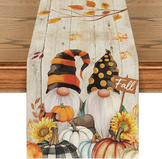 Artoid Mode Wood Gnomes Pumpkins Sunflower Leaves Fall Table Runner, Seasonal Autumn Kitchen Dining Table Decoration for Home Party Decor 13x72 Inch
