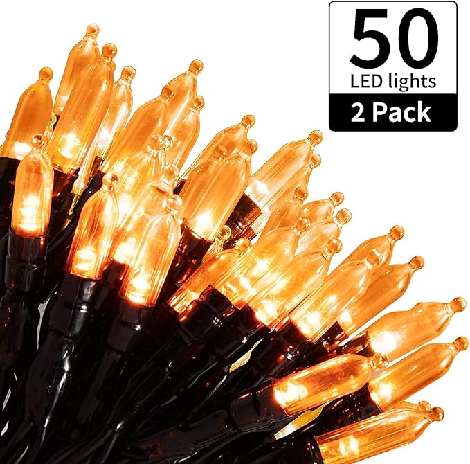 Halloween Orange String Lights Decorations，2 Pack 17.8 Feet 50 LED Battery Operated Mini String Lights with 8 Modes Waterproof for Outdoor Indoor Patio Xmas Tree Holiday Party Christmas Show