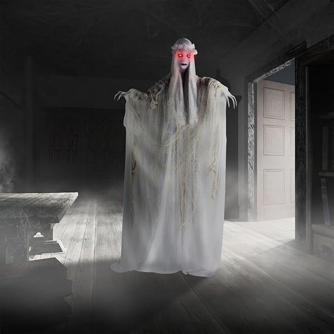 Haunted Hill Farm Life-Size Scary Ghost Bride, Halloween Animatronic with Touch Activated Lights and Sound, Battery Operated Indoor or Covered Outdoor Halloween Decorations, Creepy Halloween Prop
