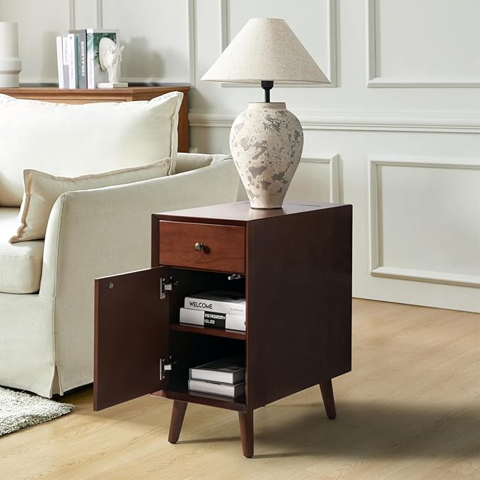 HULALA HOME End Table with Drawer and Charging Station, Modern End Table with USB Ports and Outlets, Wooden Side Table with Storage-Walnut