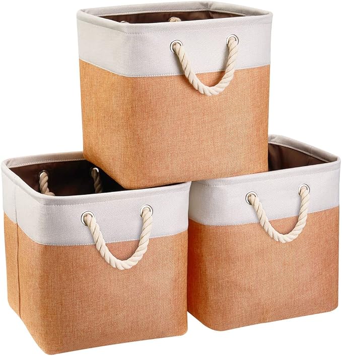 i BKGOO 3Pack Large Foldable Storage Bins，Collapsible Sturdy Cationic Fabric Organizing Storage Basket Cube with Cotton Handles for Home Office Shelf Clothes Toys Beige-Orange 13×13×13 inch