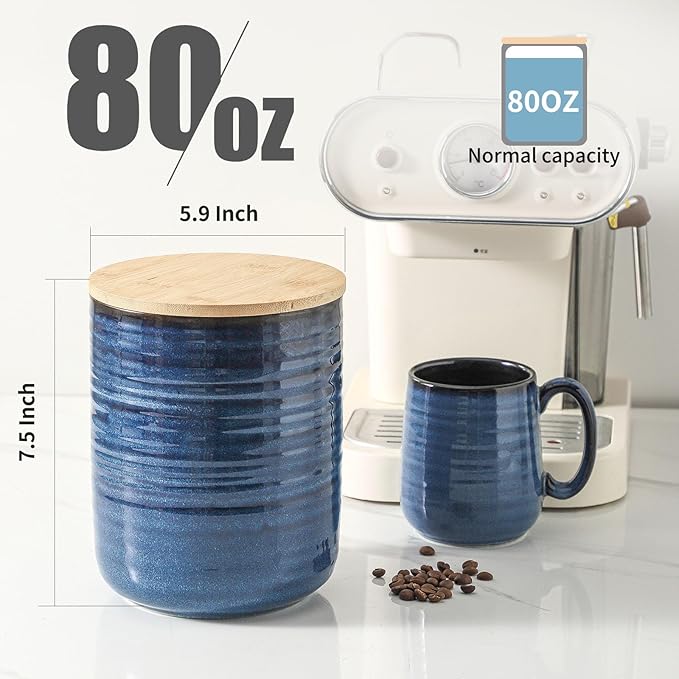 Hasense Ceramic Canister with Airtight Lid for Kitchen Counter, 80 Ounce Large Ceramic Food Storage Jar with Seal Ring for Serving Flour, Grain, Cereal, Pasta, Coffee, Sugar, Tea and Spice, Blue