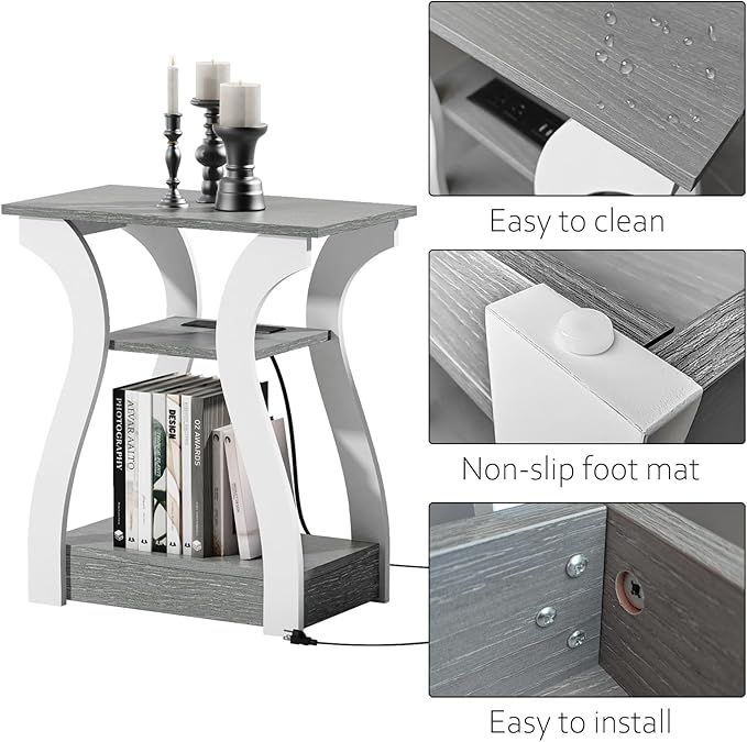 End Tables Living Room Set of 2,Grey End Table with Charging Station,Grey Side Table, Nightstand for Bedroom, 3 Tier End Table with Storage Shelf for Living Room