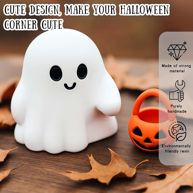 2 Pcs Halloween Ghost Figurine Cartoon Cute Spooky Carrying Pumpkin Basket Desk Display Ornament Tiny Trick or Treat Ghost Resin Halloween Statue for Home and Office Tabletop Decor Supplies