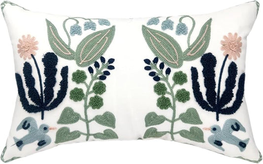 Alysheer Floral Embroidered Summer Lumbar Decorative Throw Pillow Cover 12"x 20", Farmhouse Cottage Navy Blue Green Flowers Leaves Patterned Cotton Canvas Cushion Case for Sofa Couch Bed Living Room