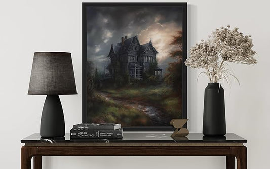 Haunted House Poster Art Print, Halloween Scary Vintage Wall Art Academia Spooky Painting Decoration for Horror Prints, Gothic Posters Bedroom Decor 89 (Haunted House, 11 x 14 inches, Black Frame)