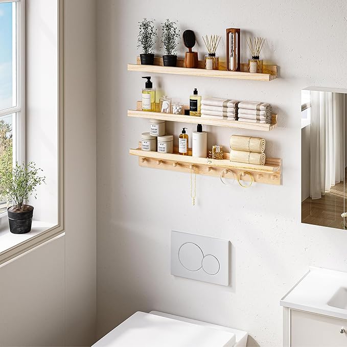 MBYD Wood Wall Shelf With Hooks Floating Shelves for Wall Bathroom Shelves Wall Mounted Nursery Floating Bookshelf for Kids Room Toy Storage Shelf for Bedroom Picture Frames Kitchen (Natural, 36 Inch)