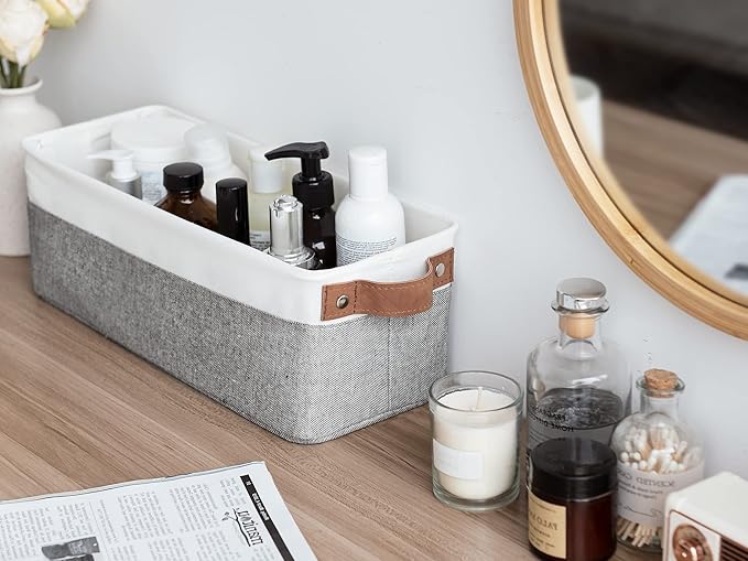 StorageWorks Narrow Storage Bins, Small Basket for Closet and Shelves, Fabric Organizer with Handles, Toilet Paper Storage, Grey and White, 2-Pack