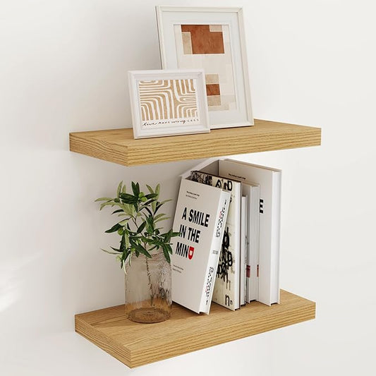 Fun Memories 16 Floating Shelves for Wall, 9 Inch Deep Floating Shelf for Bathroom, Rustic 16 x 9 Floating Shelf for Kitchen, Bedroom, Wide Wooden Shelves Wall Mounted, Oak Color, Set of 2