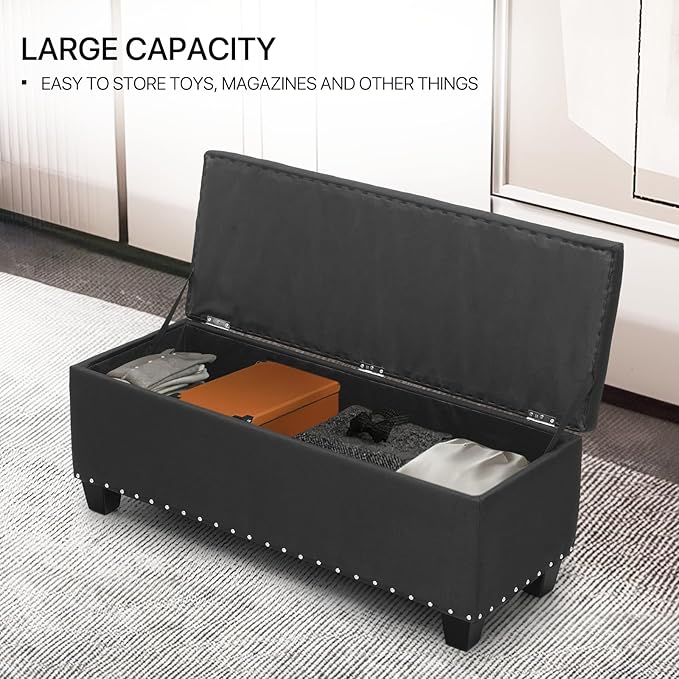 MoNiBloom 42 Inch Long Ottoman with Storage, Black Linen Foot Stool Upholstered Foam Padded Rectangular Fabric Tufted Bench Footrest for Living Room Bedroom Entry with 300 Lbs Capacity