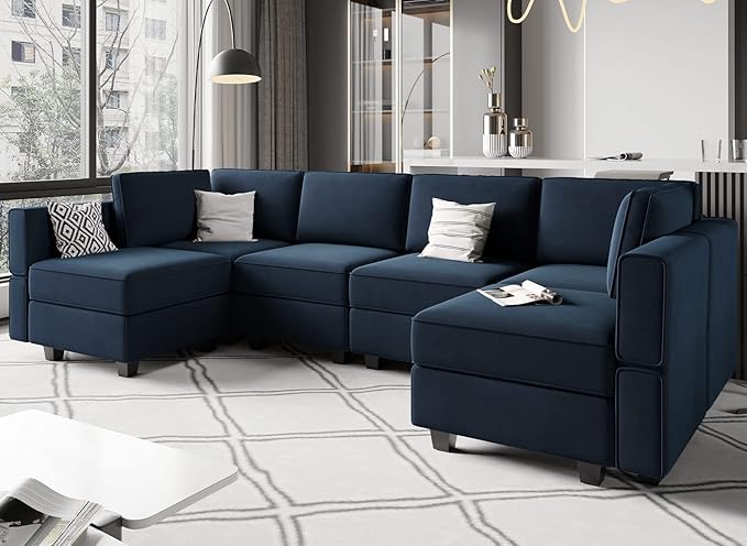 Belffin Modular Reversible Sectional Sofa U Shaped Couch with Storage Seat with Chaise Velvet Blue…