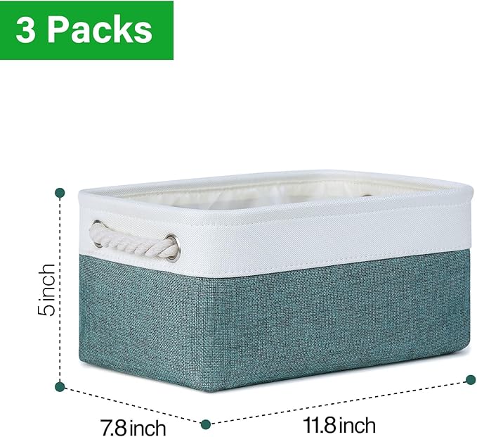 Bidtakay Small Storage Baskets for Shelves 3 Pack Fabric Storage Bins for Organizing Linen Collapsible Organizer for Closet-Deep Green