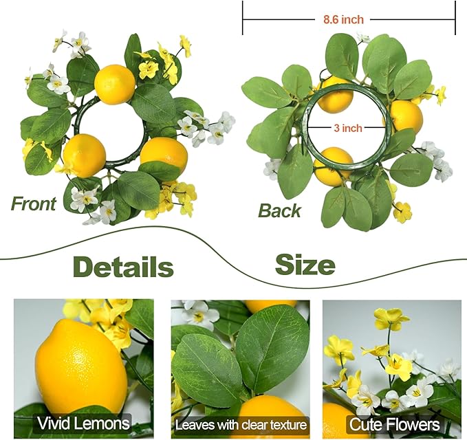 4Pcs Lemon Candle Rings Wreaths 3inch Center Decorative Greenery Candle Holder Rings with Flowers Spring Mini Wreaths for Pillar Wedding Farmhouse Front Door Wall Table Centerpiece Home Decorations