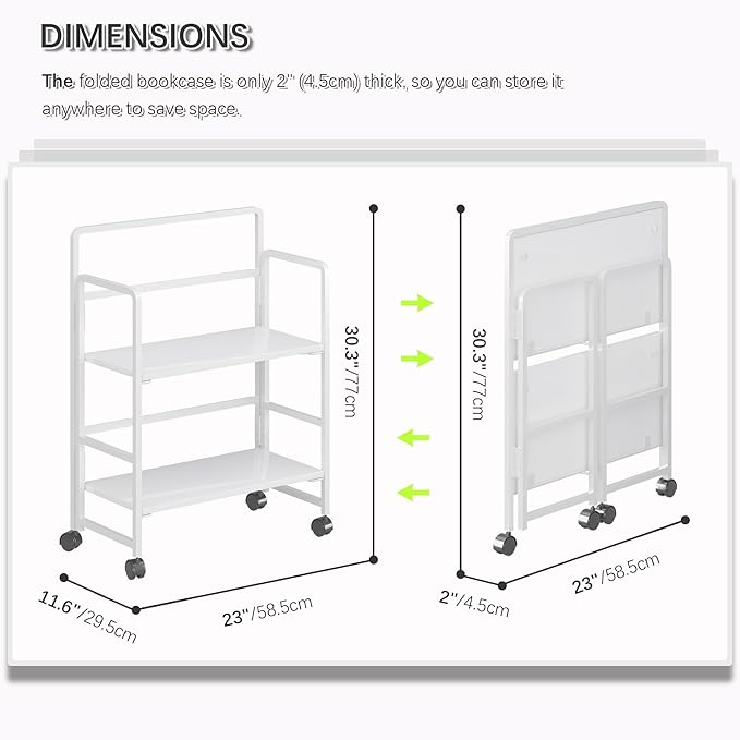 4NM 2 Tiers No-Assembly Folding Bookshelf with Wheels, Portable Rolling Storage Bookcase & Compact Side Table for Living Room, Bedroom, Kitchen, Bathroom (All White)