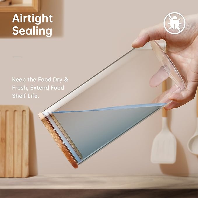 Square Glass Jars with Bamboo Lids [Muti Size Set of 5], Glass Canisters with Airtight Lids, Glass Food Storage Containers for Pasta, Cereal, Flour, Sugar, Best for Kitchen & Pantry