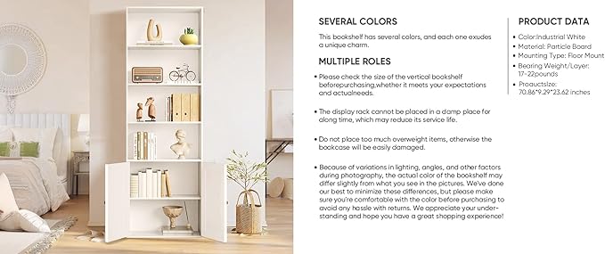 Tall White Bookcase with Doors – Wooden Bookshelf with Storage Cabinet & Shelves for Living Room, Bedroom, or Office