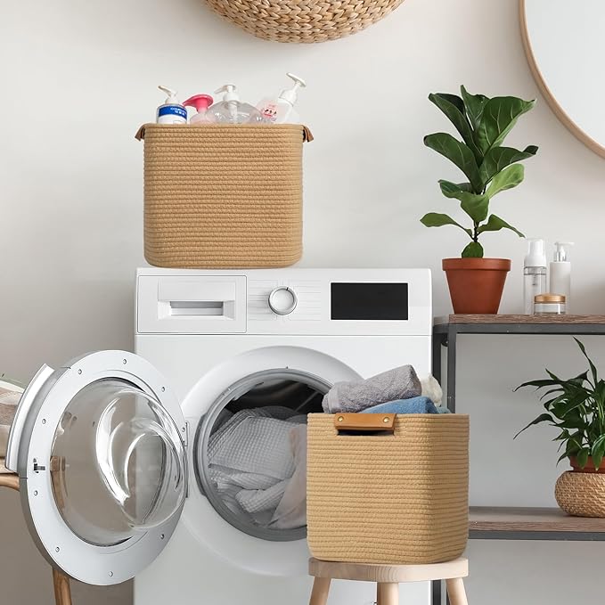 danpinera 3 Pack 11 Inch Woven Baskets for Storage, Stylish Storage Baskets for Shelves, Laundry, Bathroom, Kitchen, Cube Storage Bin, Cotton Rope Boho Baskets, Jute