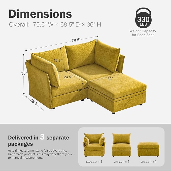 Luxury Modular Sectional Sofa, L-Shaped 3-Seat Couch with Storage Ottoman Deep Seat & Reversible Chaise Lounge Chenille Yellow for Compact Spaces, Apartments, Dorm