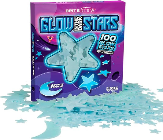 100PK Blue Glow in The Dark Stars for Ceiling Easter Basket Stuffers for Kids - Star Brite Plastic Glow Stars with Moon & Putty Ages 4,5,6,7,8,9,10,11,12 for Bedroom Space Night Light Room Non-Toxic