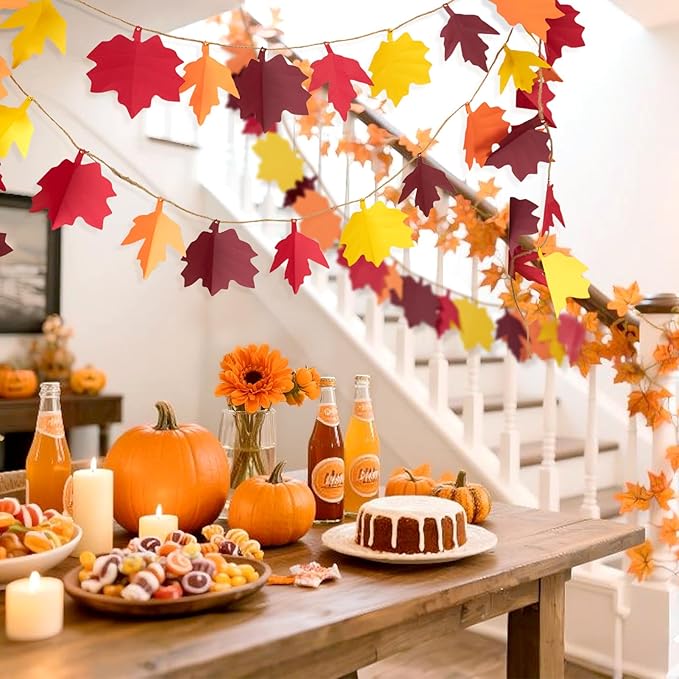 2 Pcs Fall Decorations for Home, Fall Leaves Garland for Mantel, Fall Party Thanksgving Decorations Indoor
