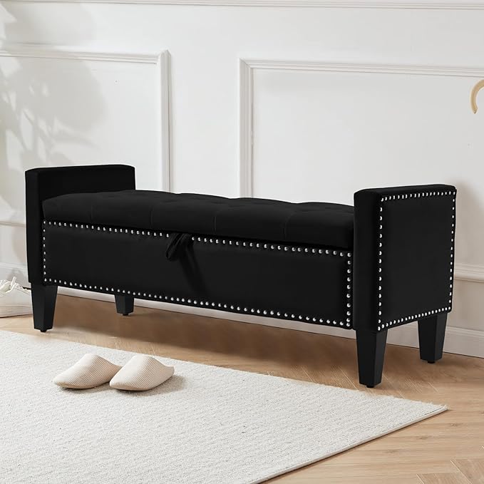 Storage Ottoman Bench, Velvet Upholstered Footstool for Bedroom and Living Room, Tufted Seat with Storage, Wooden Legs & Metal Rivets, Black