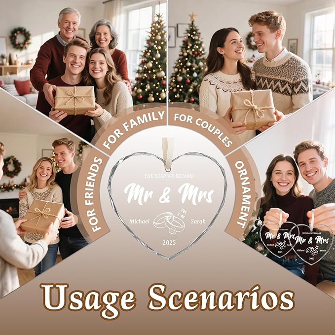 First Christmas Married Ornament 2025, Custom Wedding Crystal Glass Ornament with Photo, Name or Date, Personalized Wedding or Bridal Shower Gifts for Newlyweds