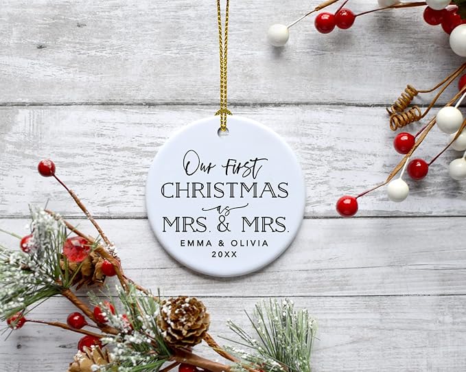 Andaz Press Personalized Our First Christmas As Mrs. & Mrs. 2025 Christmas Ornament Modern Black and White 2.8" Round Porcelain Ceramic Lesbian Married Couple Gay Women Newlyweds Keepsake 1-Pack