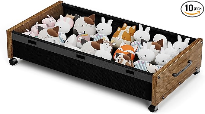 Wooden Under Bed Storage with Wheels, Rolling Under the Bed Storage Bins with Removable Lid, Metal Under Bed Drawers for Clothes and Shoes in Bedroom or Living Room(Walnut Brown-1pack)