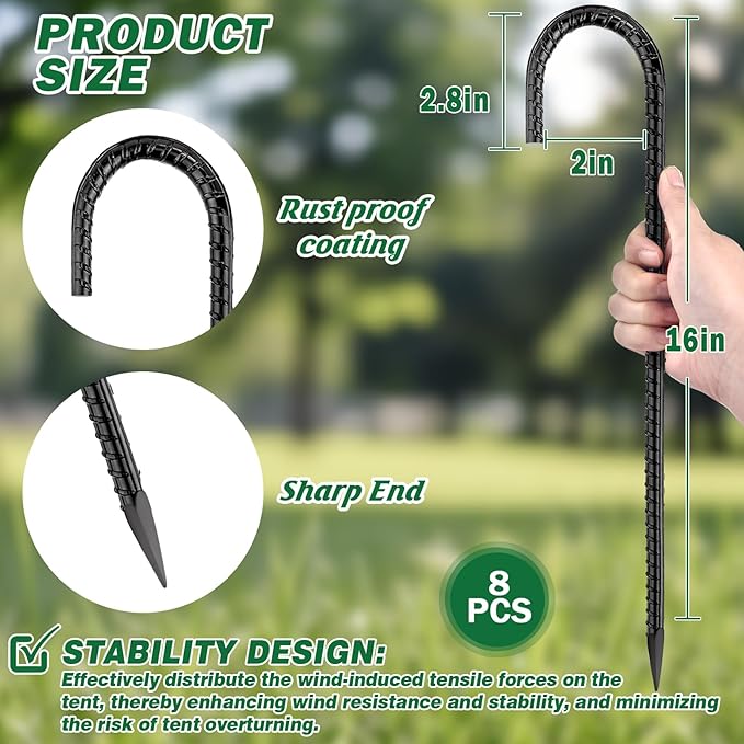 16 Inch Ground Stakes Heavy Duty,16 Pack Metal Fence Stakes for Ground for Wire Fencing,Heavy Duty Long Tent Stakes for Trampolines Camping Canopies and Swing Set