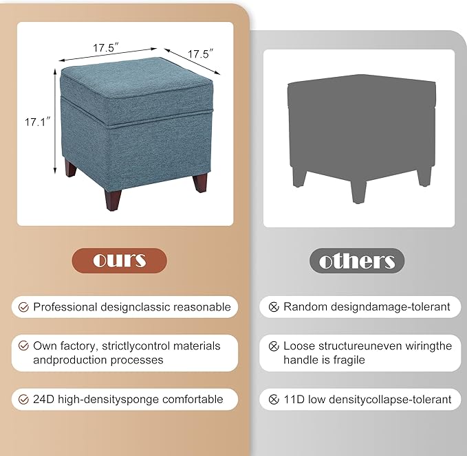 Adeco 17" Square Ottoman with Storage, Small Blue Storage Ottoman Foot Rest with Hinged Lid & Solid Wood Legs, Linen Fabric Foot Stool for Living Room & Bedroom