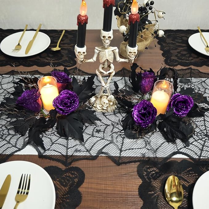 2pcs 11.8" Halloween Candle Rings Wreaths Artificial Glitter Purple Roses Dead Branches Black Leaves Candle Rings Holder Halloween Mini Wreaths for Table Centerpiece Home Dinner Table Christmas Decor